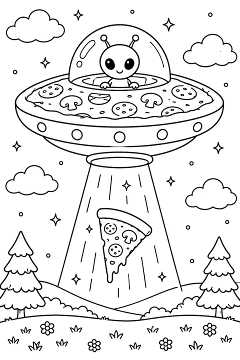 a flying saucer shaped like a pizza beaming up a slice coloring page