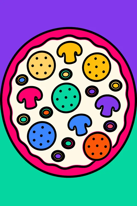 a whole round pizza with pepperoni, olives and mushrooms seen from above coloring page