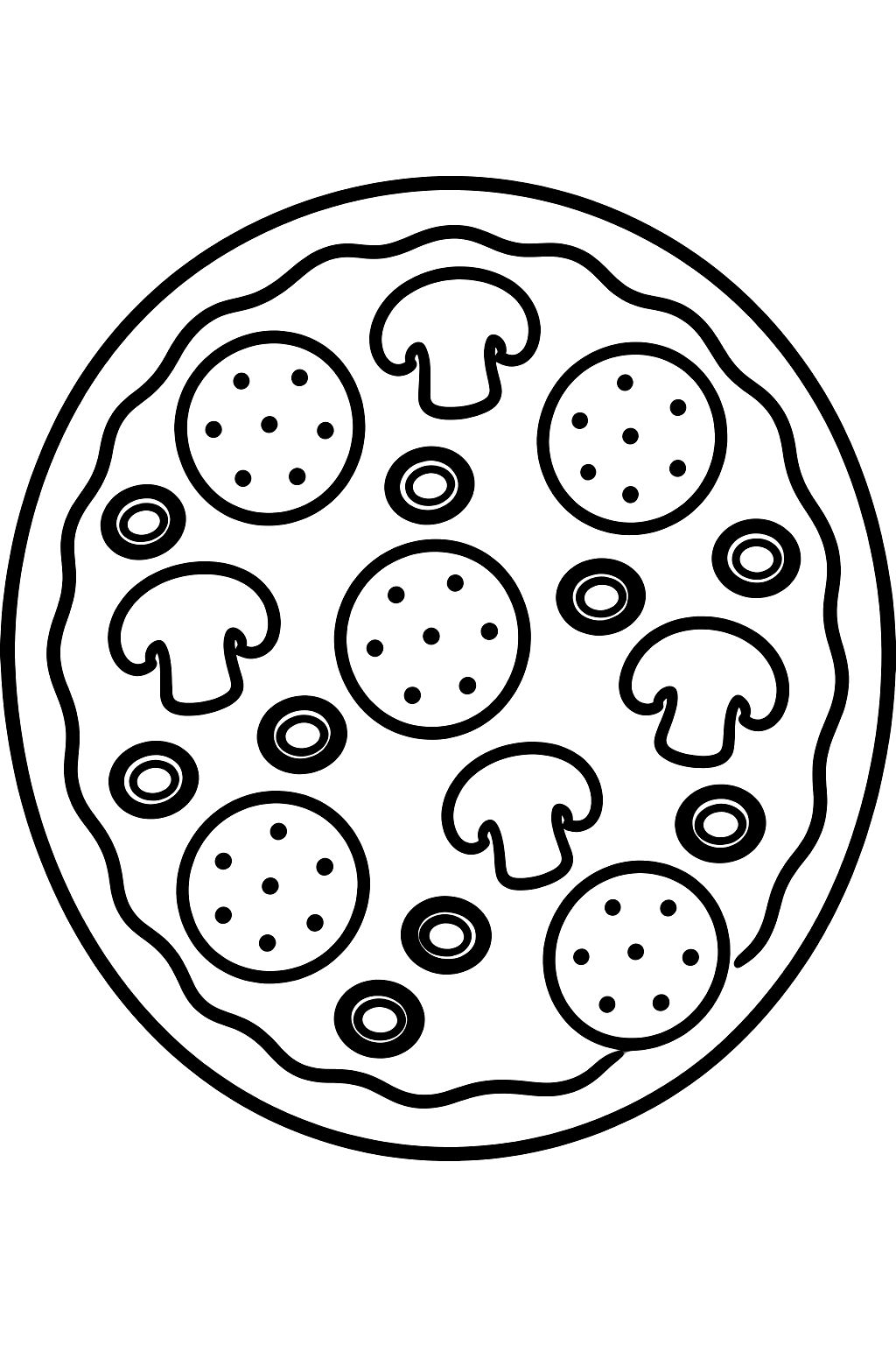 a whole round pizza with pepperoni, olives and mushrooms seen from above coloring page