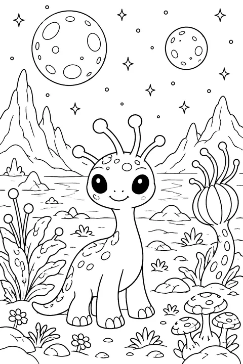 Alien planet with strange plants and two moons coloring page