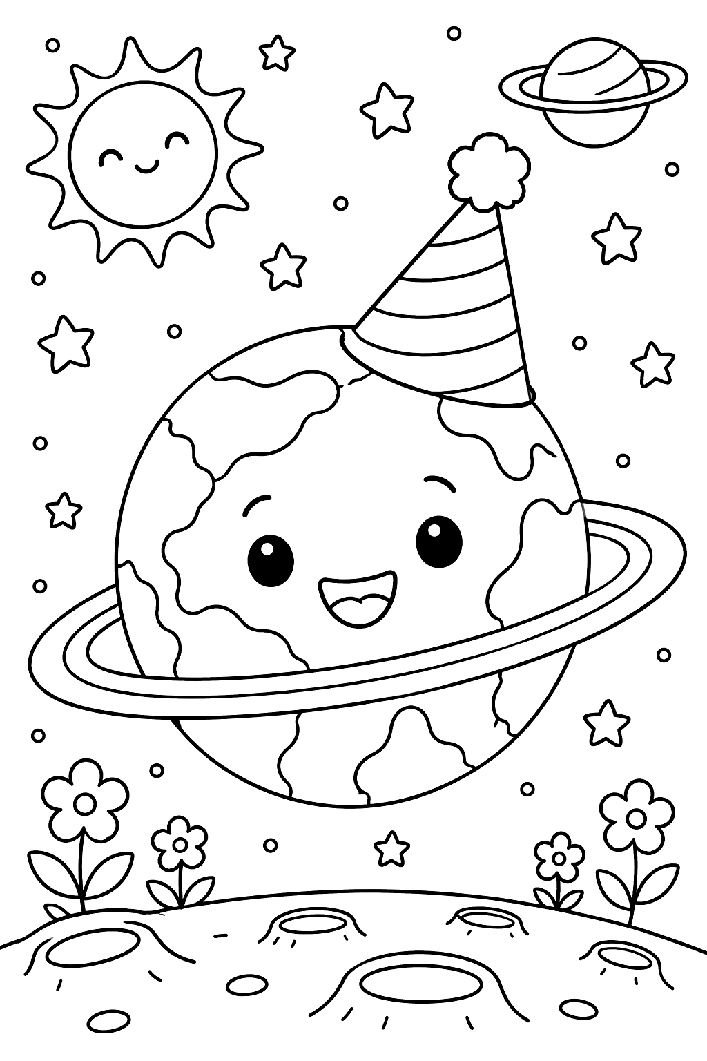 Cute planet with a face wearing a party hat coloring page