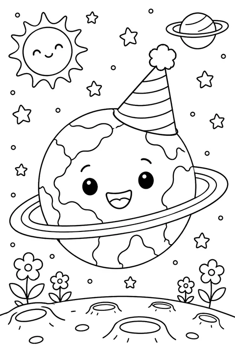 Cute planet with a face wearing a party hat coloring page