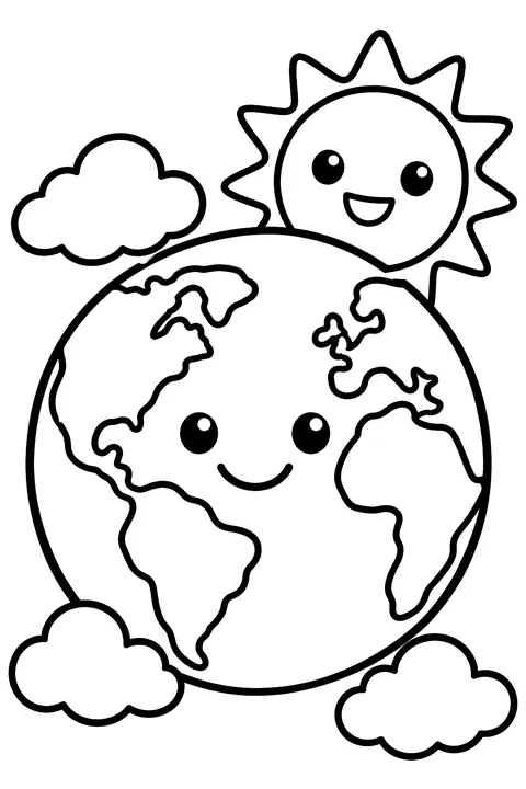 Earth with continents, clouds and a smiling sun coloring page