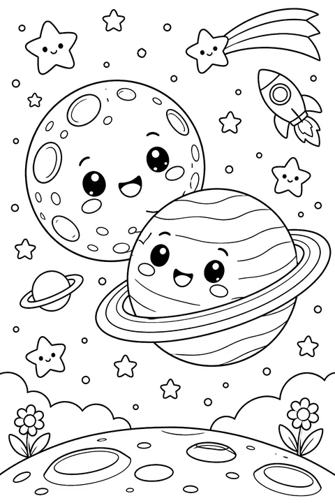Kawaii moon and planet friends coloring page