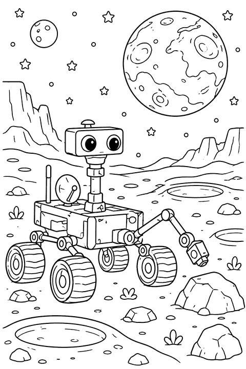 Mars with craters and a rover coloring page