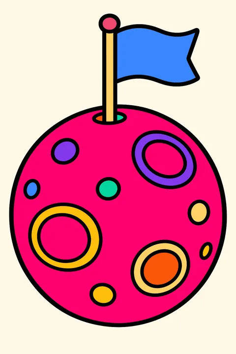 Moon with craters and a flag coloring page