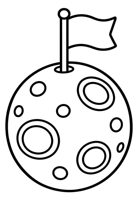 Moon with craters and a flag coloring page