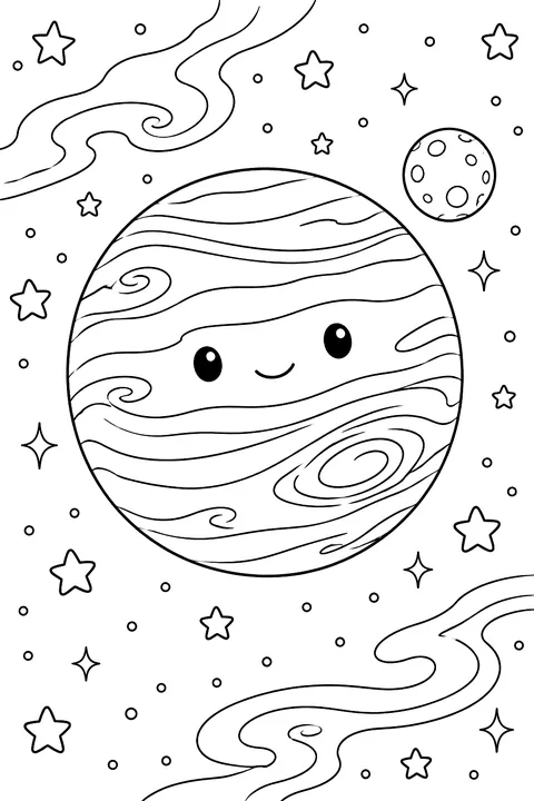 The planet Neptune as a round ice giant with swirling cloud bands and a small moon among stars, no people, no gods coloring page