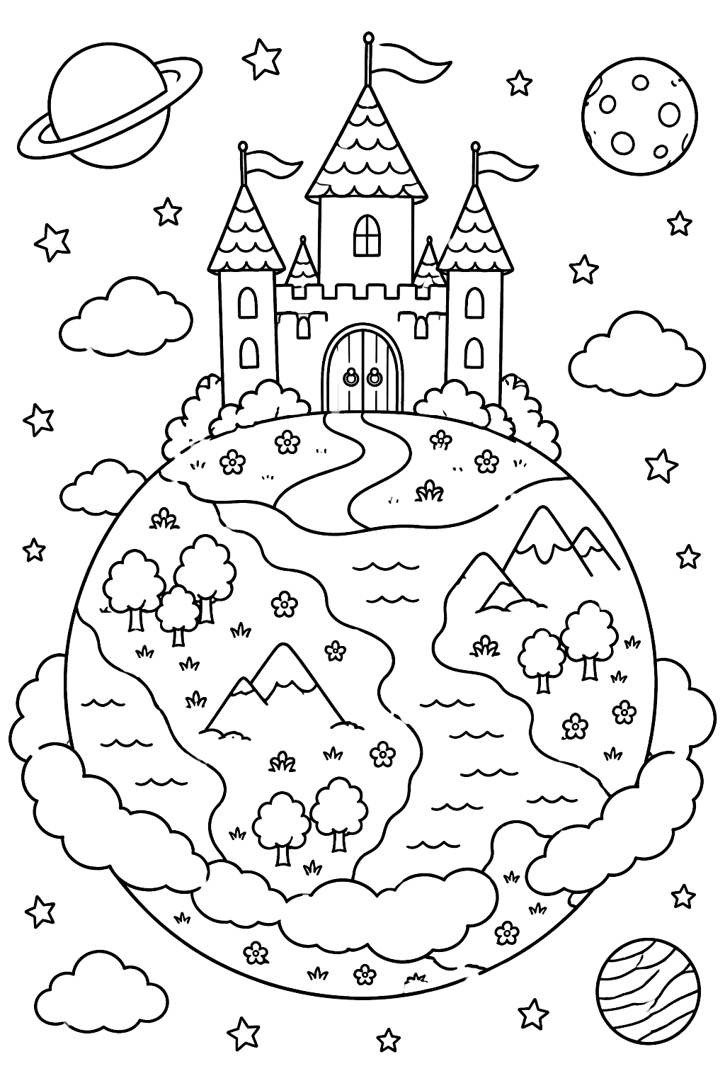 Planet with a castle on top coloring page