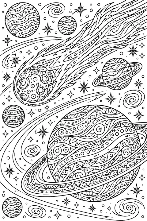 Planet and comet race coloring page