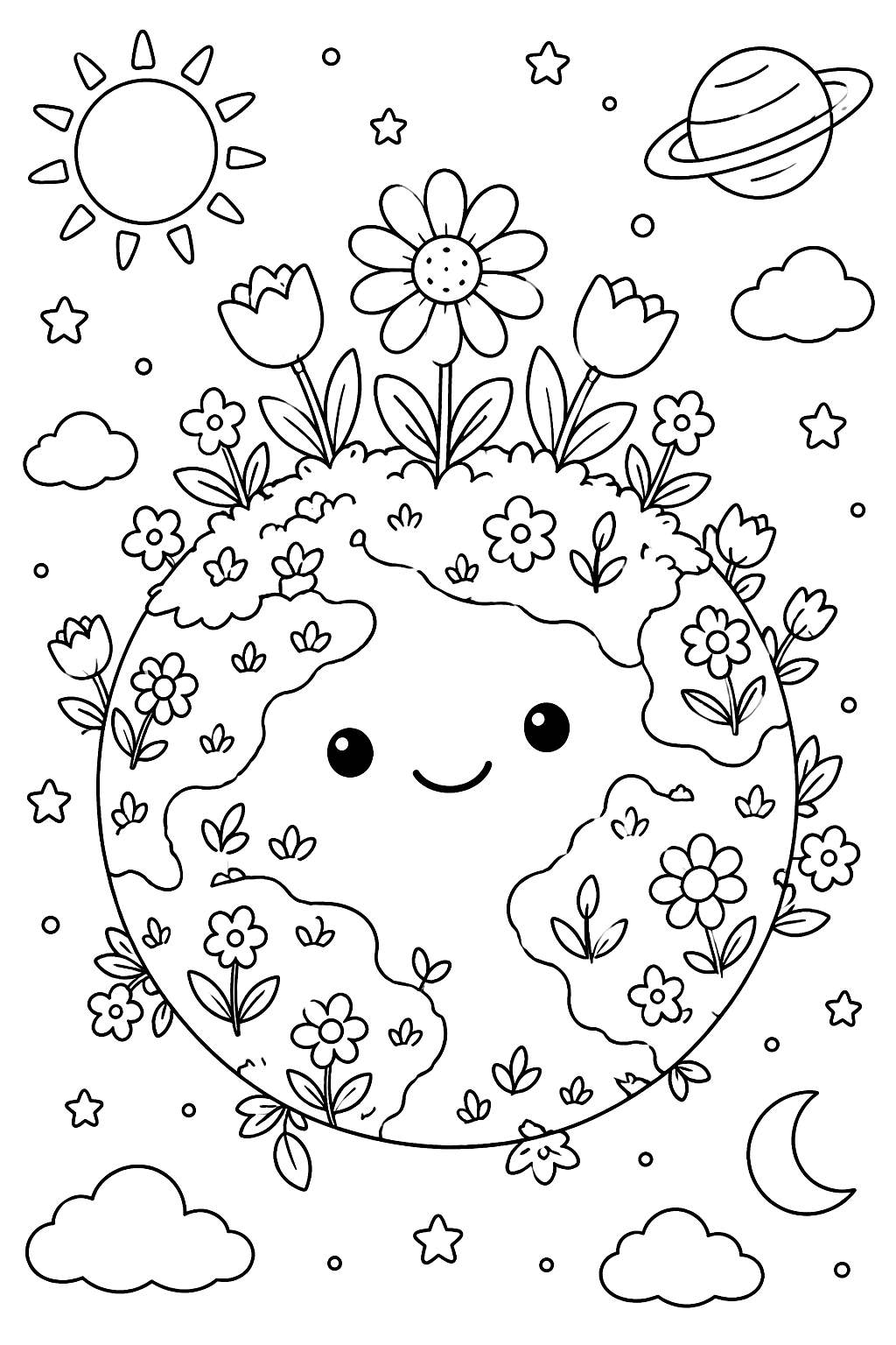 Planet garden with flowers growing on it coloring page