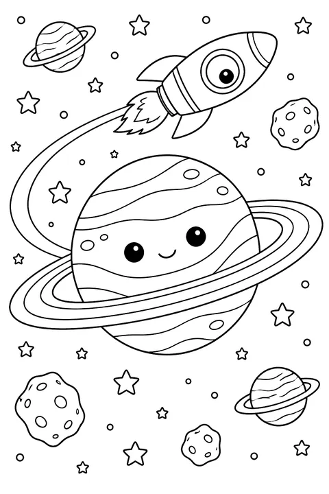 Planet with rings and a rocket flying around coloring page