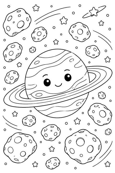 Planet surrounded by asteroids coloring page