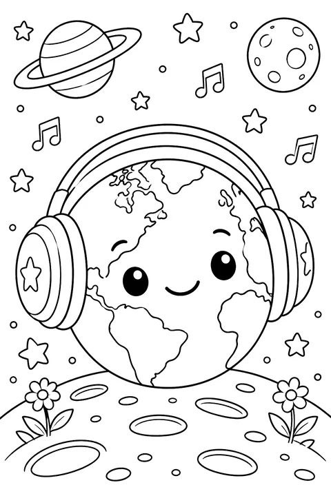 Planet wearing headphones coloring page