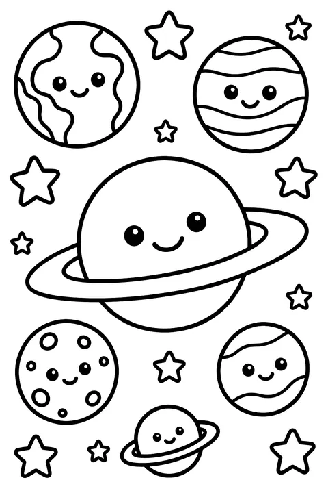 Planets of different sizes with stars coloring page