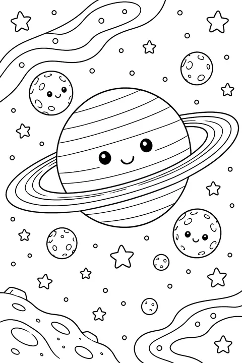 Saturn with its rings and small moons coloring page
