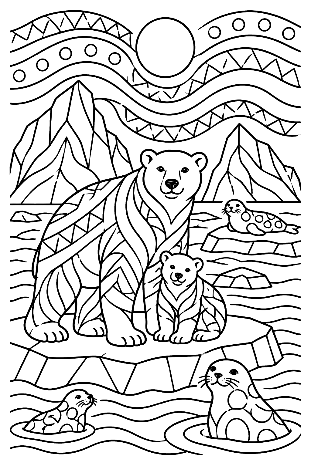 Arctic landscape with polar bears, icebergs, seals and a patterned sky coloring page