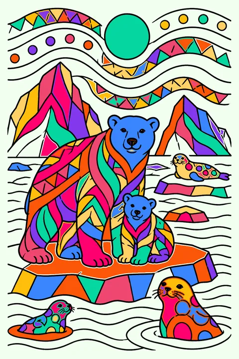 Arctic landscape with polar bears, icebergs, seals and a patterned sky coloring page