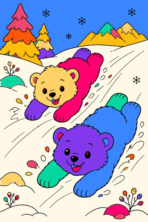 Two polar bear cubs sliding down a snowy hill on their bellies coloring page