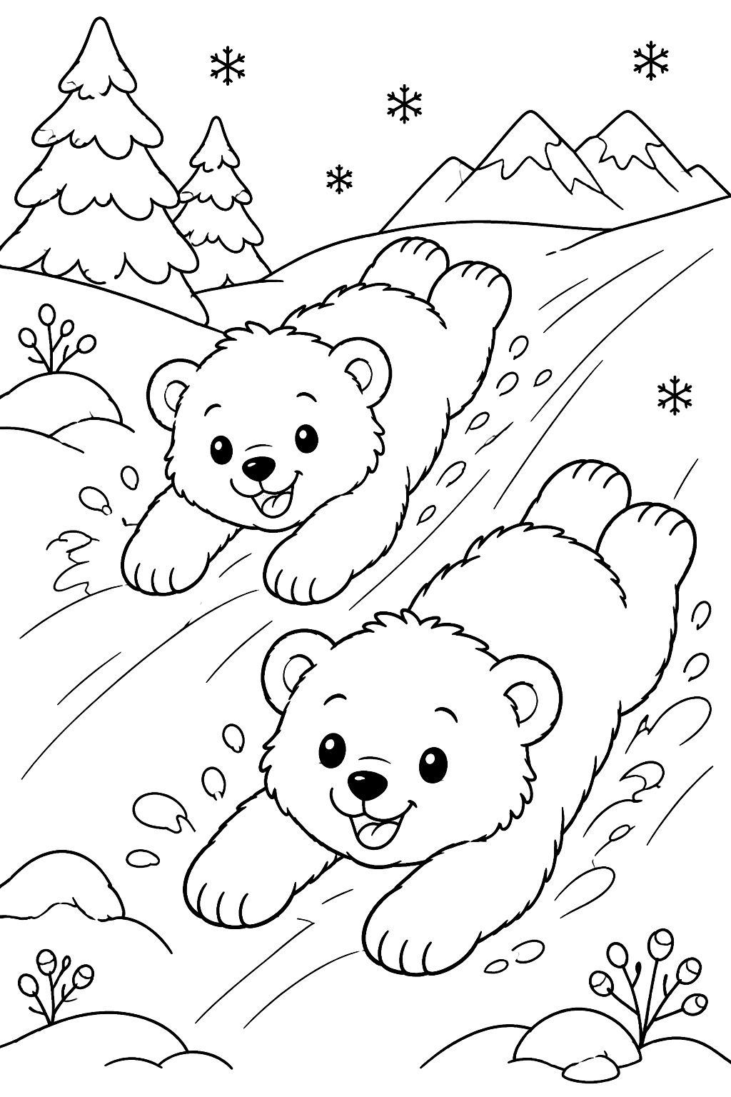 Two polar bear cubs sliding down a snowy hill on their bellies coloring page