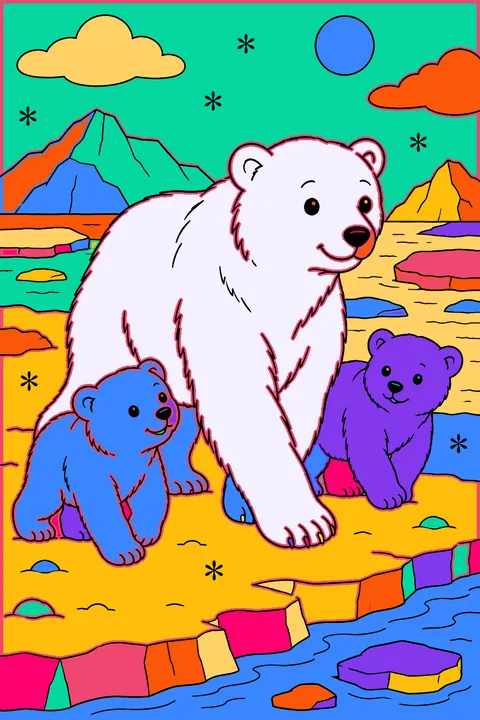 Mother polar bear walking with two cubs across the sea ice coloring page