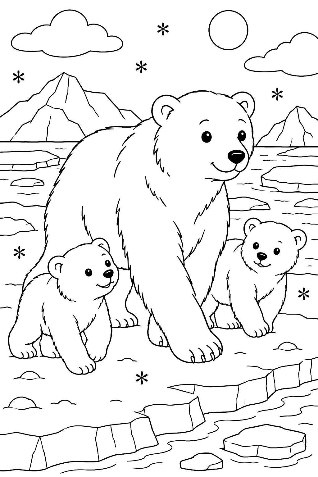 Mother polar bear walking with two cubs across the sea ice coloring page