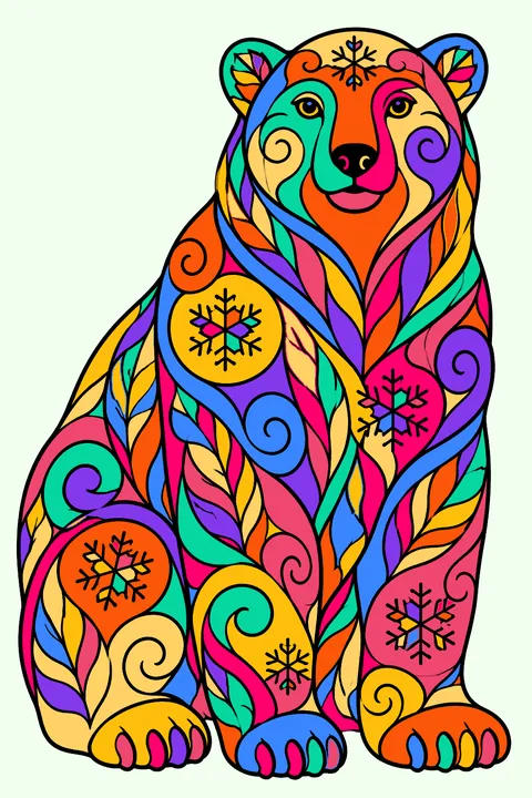 Ornate polar bear filled with zentangle swirls, snowflakes and feather patterns coloring page