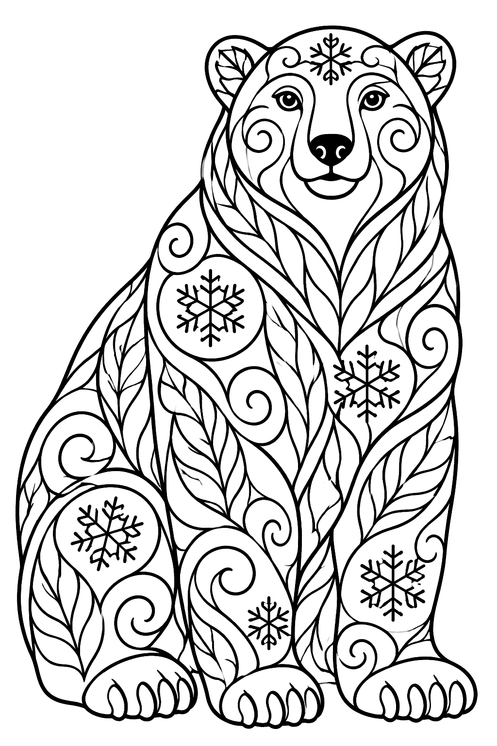 Ornate polar bear filled with zentangle swirls, snowflakes and feather patterns coloring page