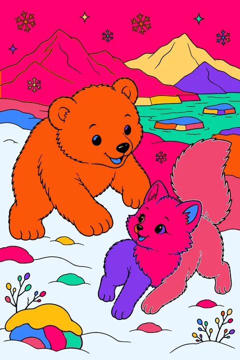 Polar bear cub and an arctic fox playing in fresh snow coloring page