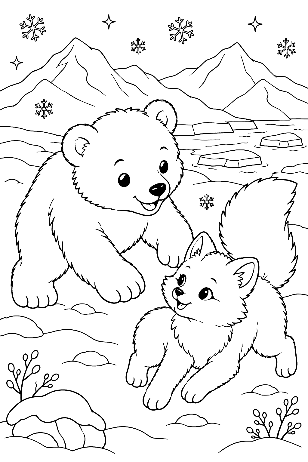 Polar bear cub and an arctic fox playing in fresh snow coloring page