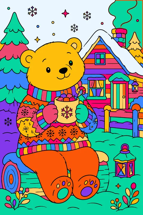 Polar bear in a sweater sipping cocoa beside a snowy cabin coloring page