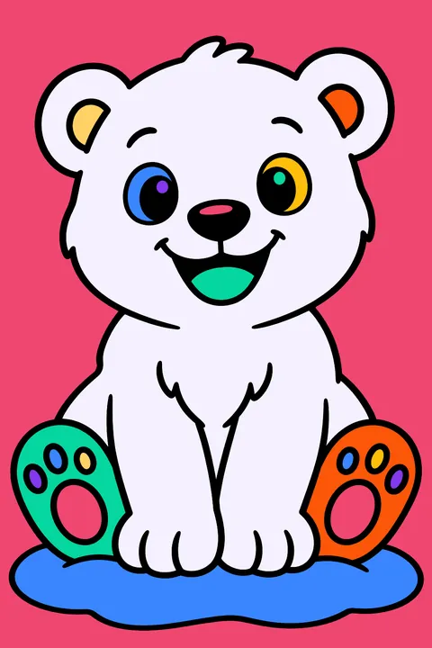 Polar bear cub sitting in the snow with a big smile coloring page