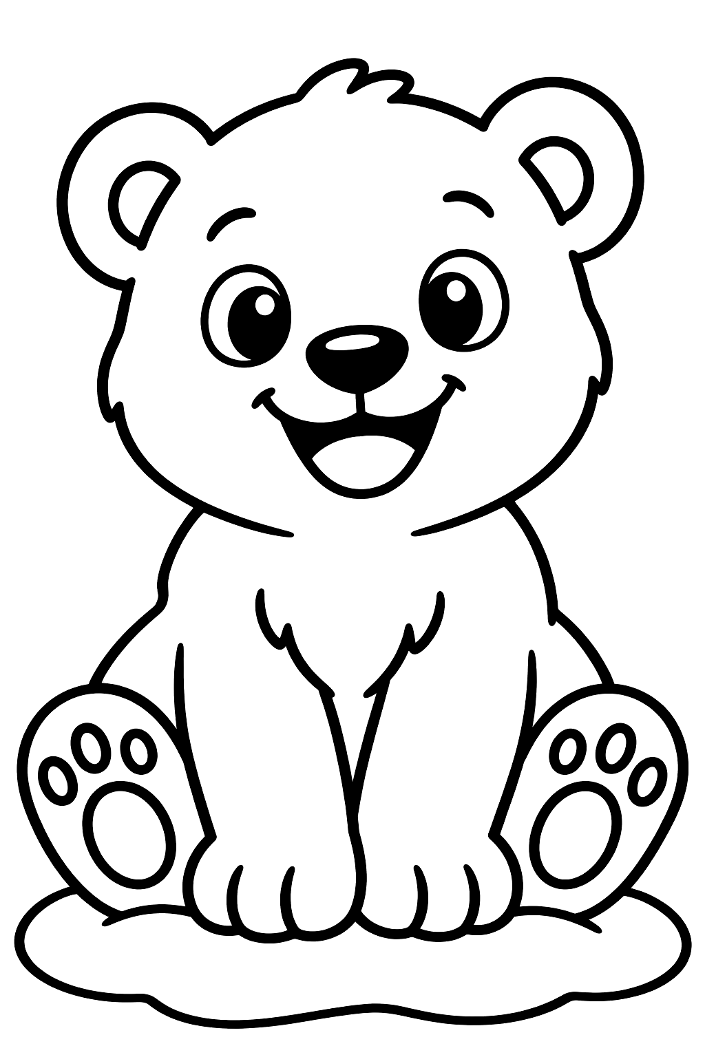 Polar bear cub sitting in the snow with a big smile coloring page