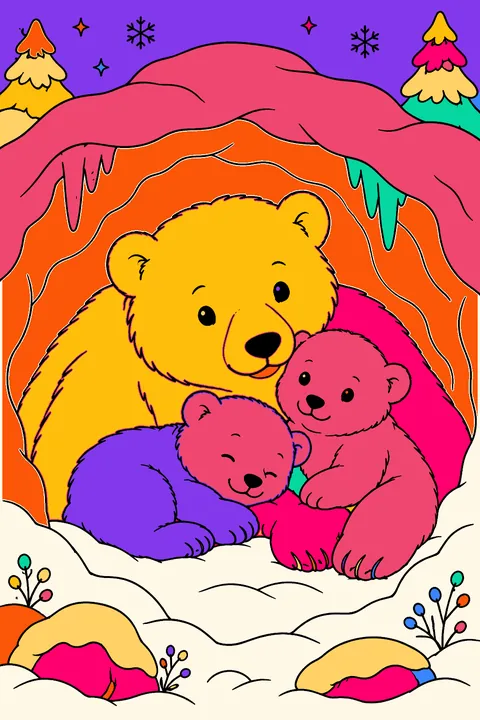 Polar bear family resting inside a snowy den coloring page