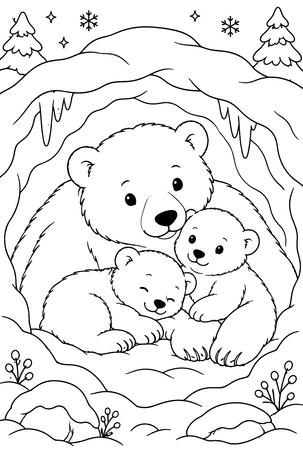 Polar bear family resting inside a snowy den coloring page