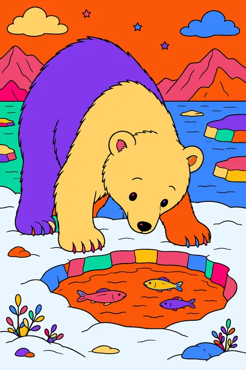 Polar bear peering into a hole in the ice looking for fish coloring page