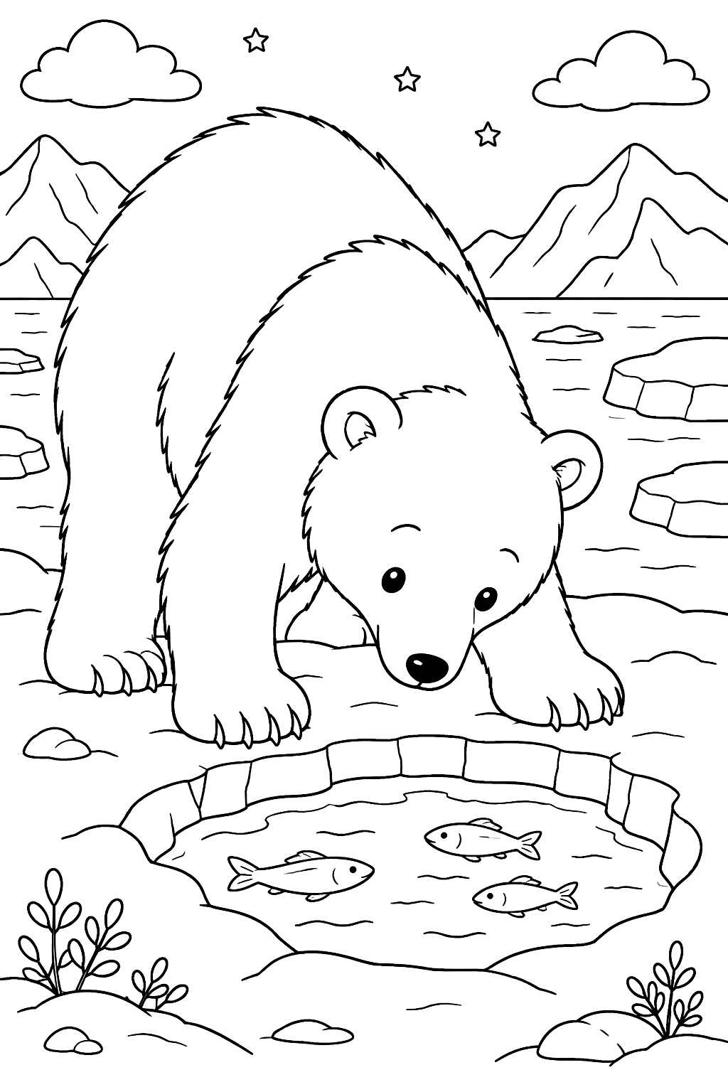Polar bear peering into a hole in the ice looking for fish coloring page