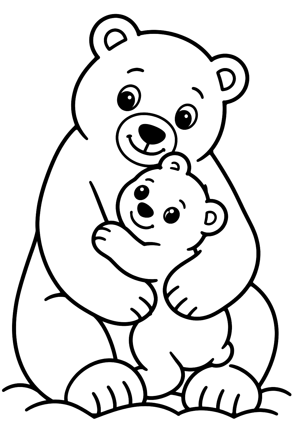 Polar bear mother hugging her cub in the snow coloring page
