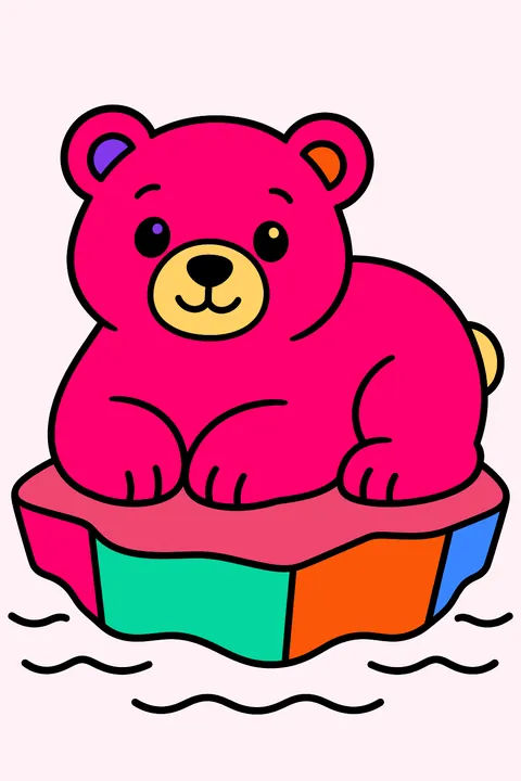 Polar bear resting on a small iceberg in calm water coloring page