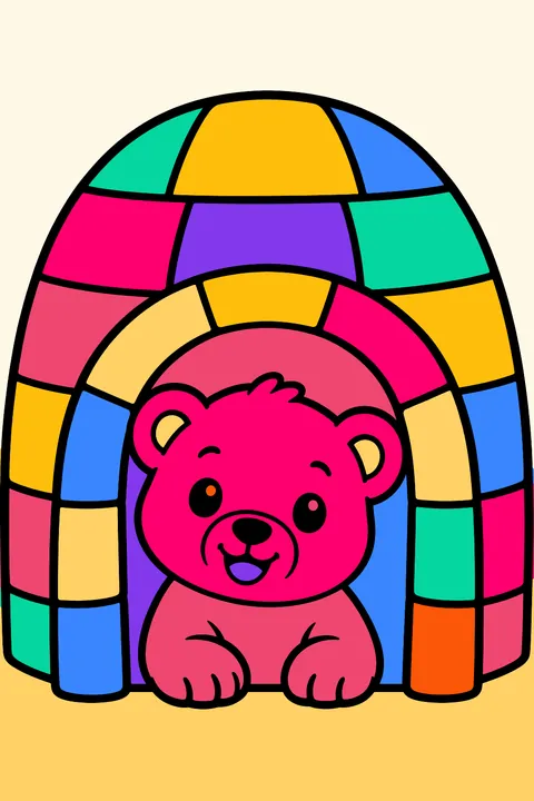 Polar bear cub peeking out of an igloo doorway coloring page