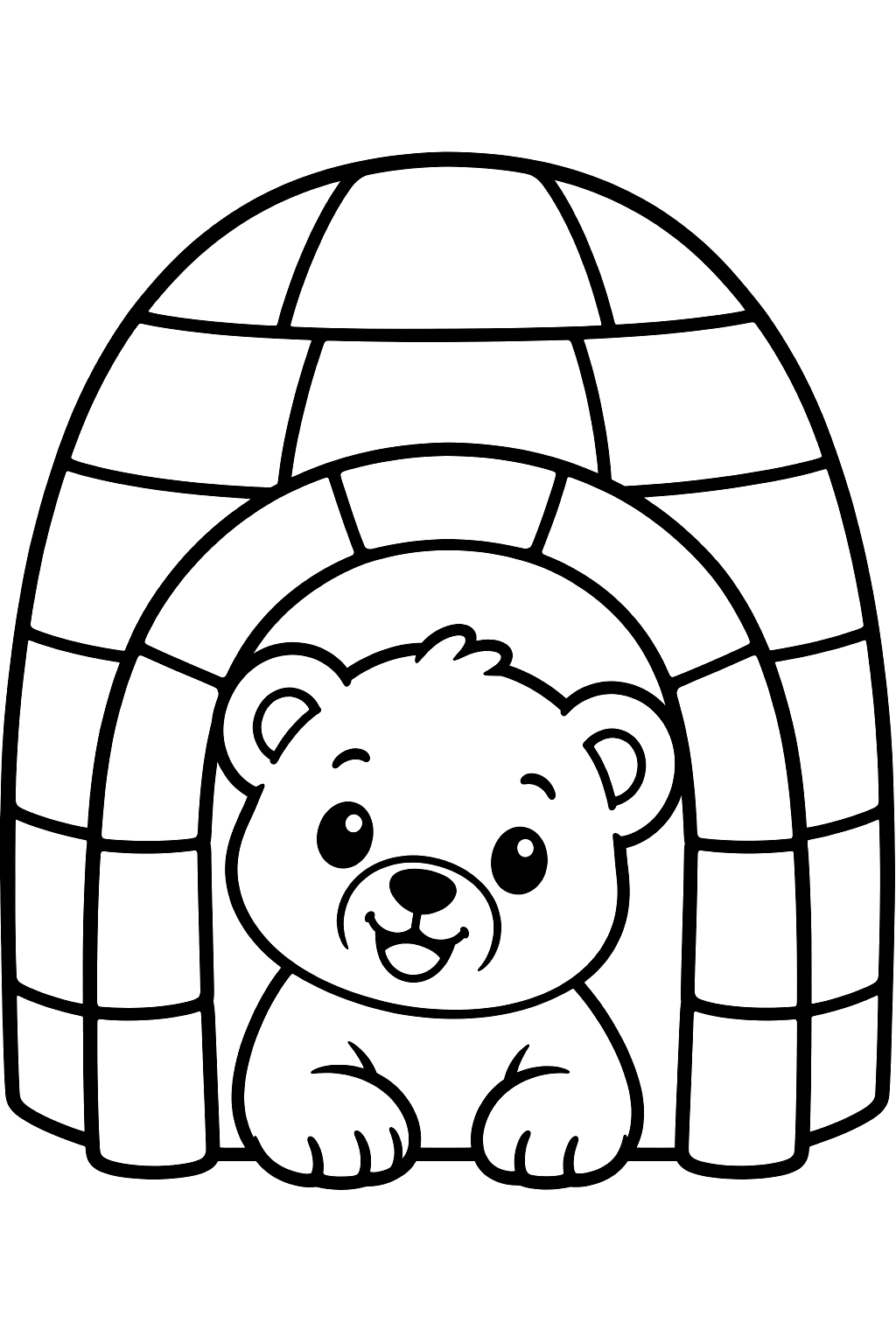 Polar bear cub peeking out of an igloo doorway coloring page