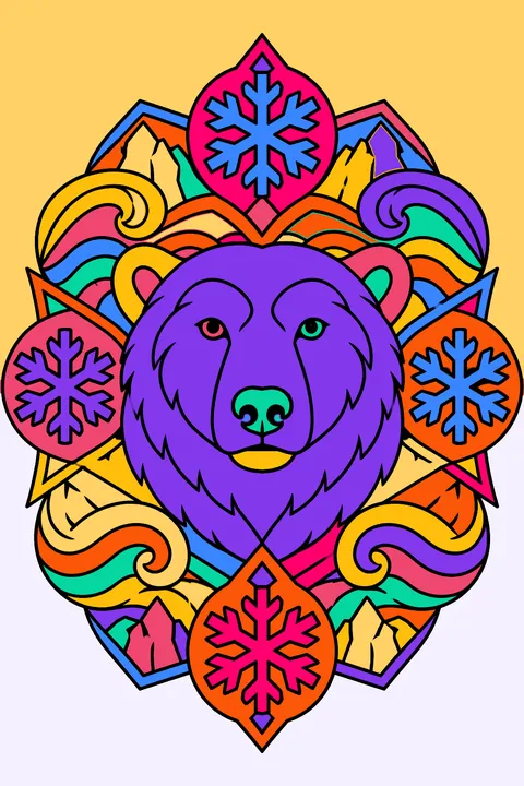 Polar bear head inside a mandala of snowflakes, waves and arctic patterns coloring page