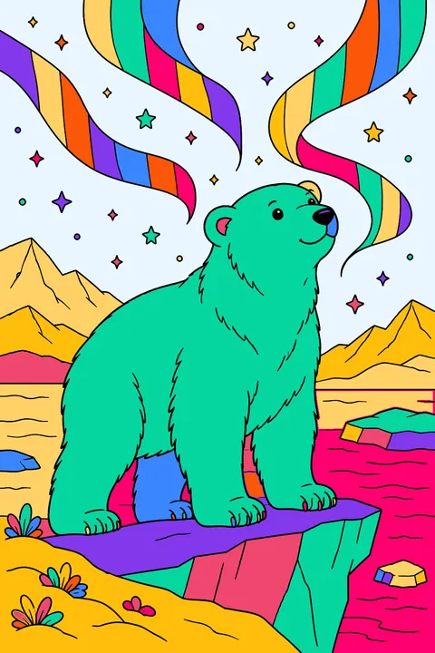 Polar bear standing on an ice ridge under the northern lights coloring page