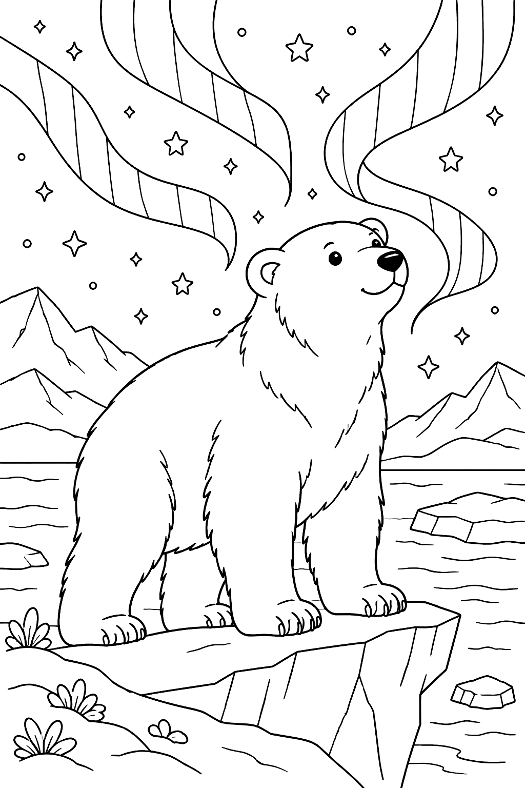 Polar bear standing on an ice ridge under the northern lights coloring page
