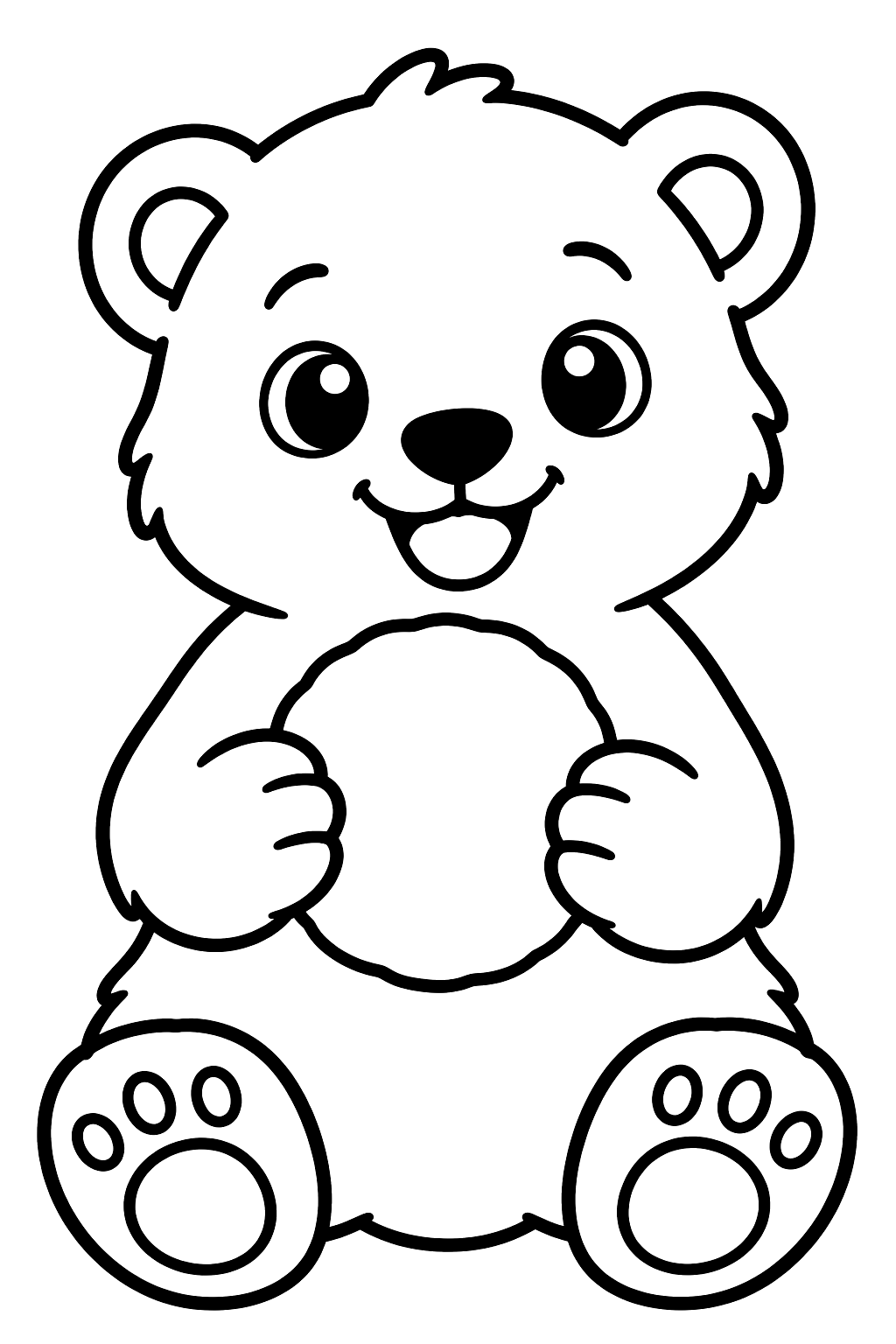 Polar bear cub holding a snowball in its paws coloring page