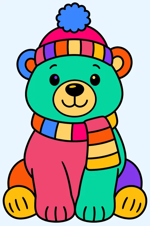 Polar bear wearing a striped scarf and a pom pom hat coloring page