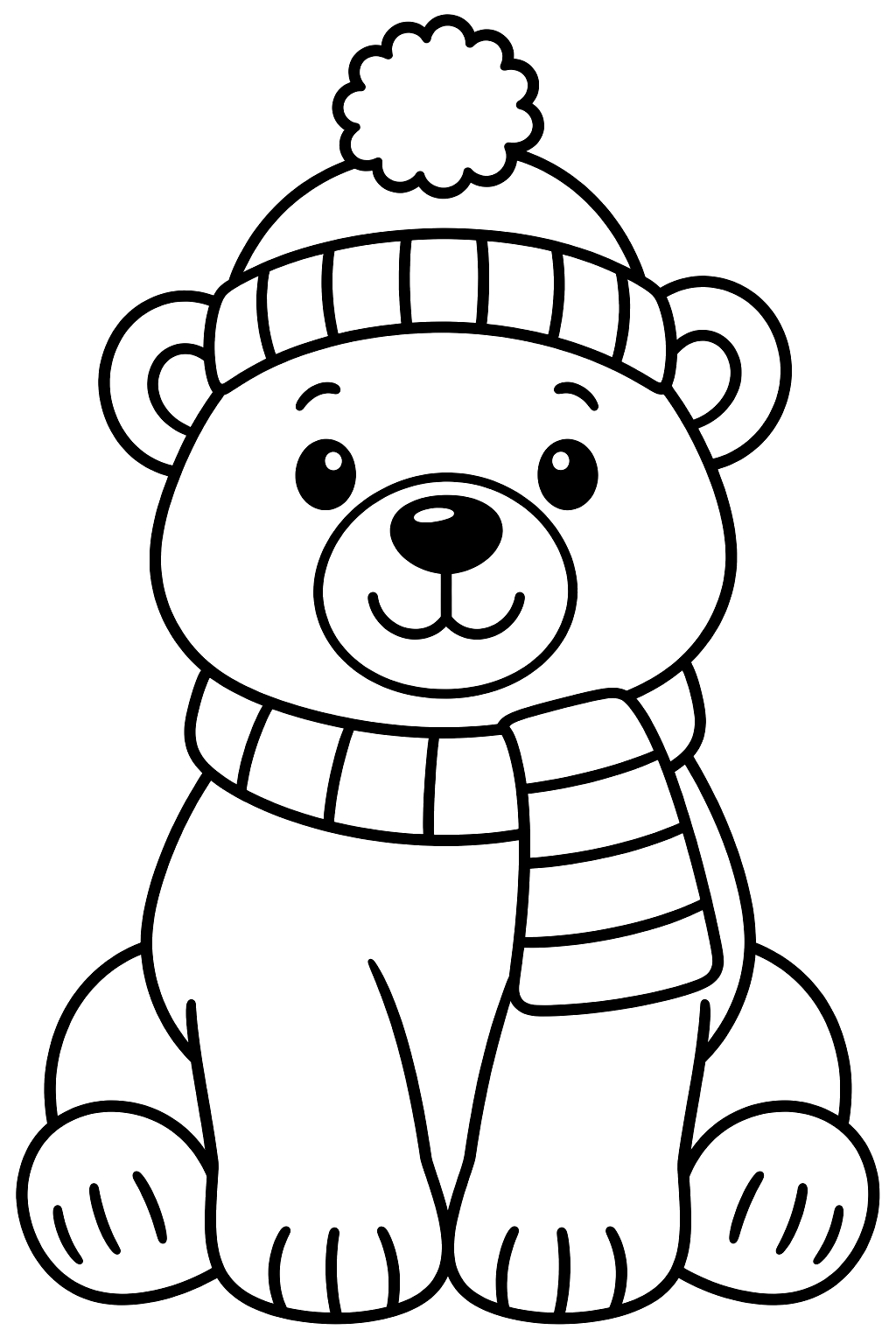Polar bear wearing a striped scarf and a pom pom hat coloring page