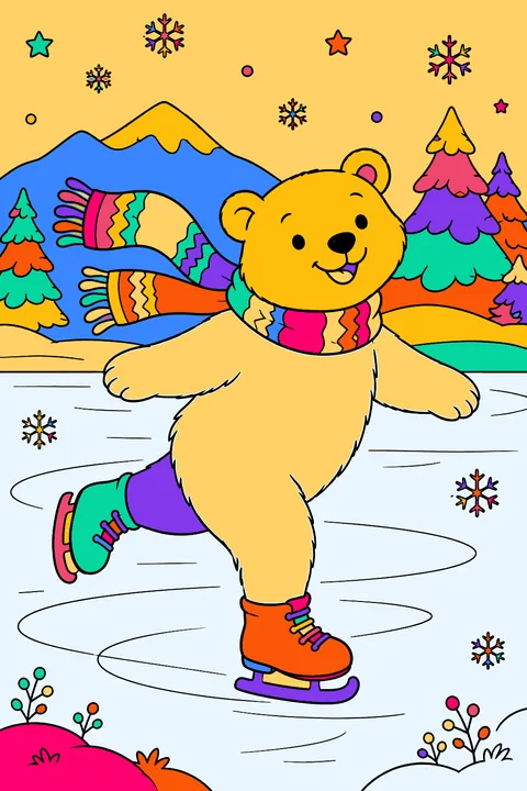 Polar bear ice skating on a frozen lake with a scarf flying coloring page