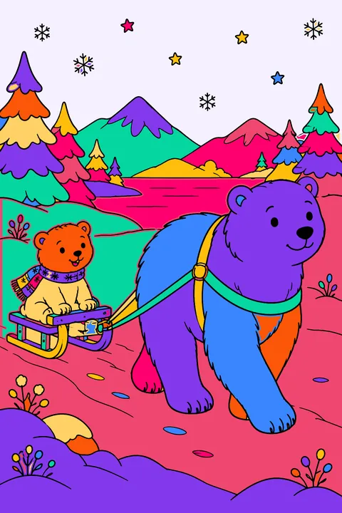 Polar bear pulling a cub on a wooden sled coloring page
