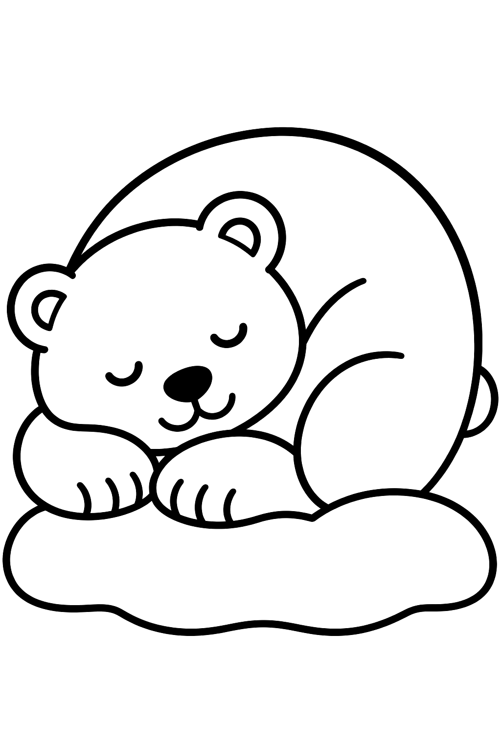 Polar bear sleeping curled up on a snowbank coloring page